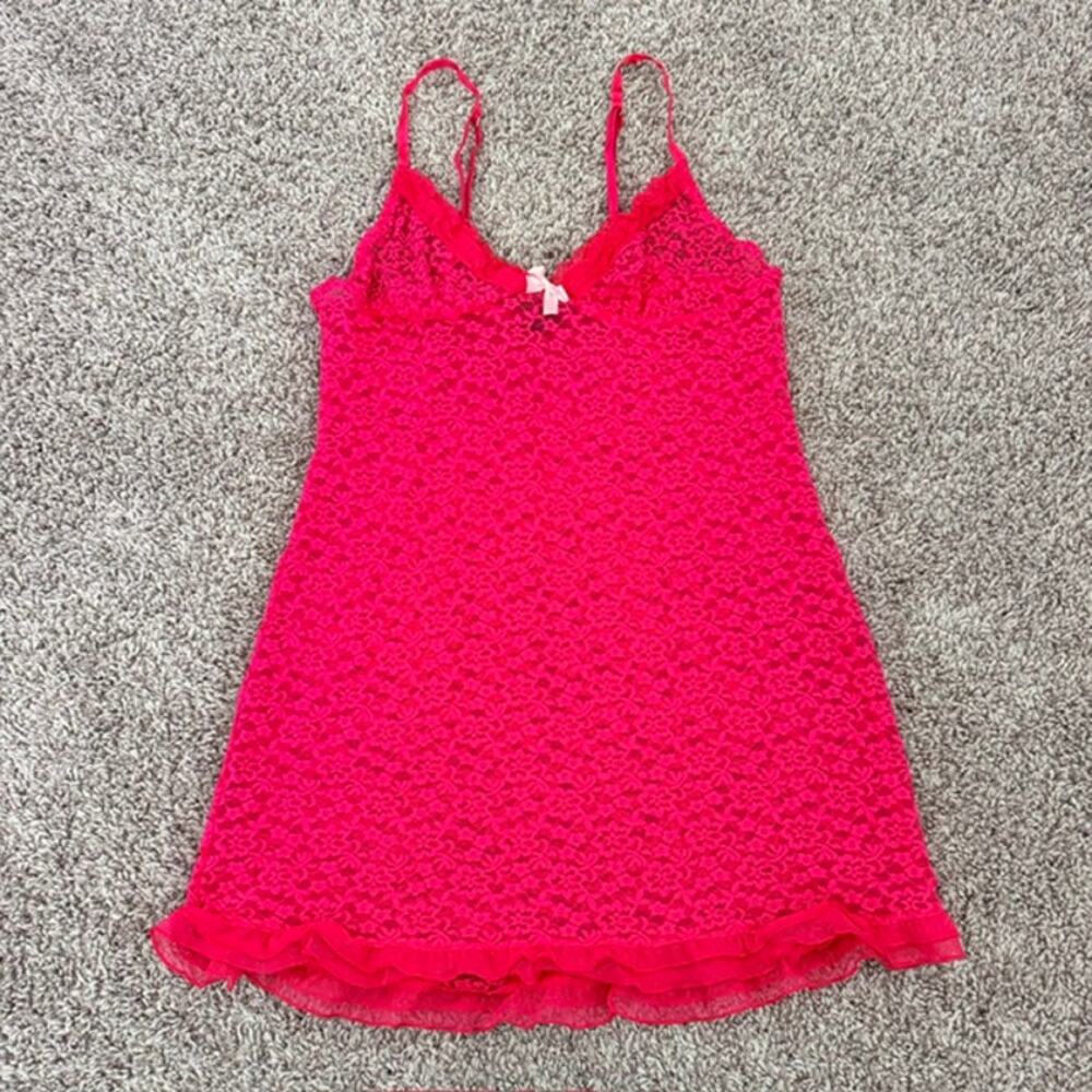 Victoria's Secret Pink‎ Fuchsia Lace Babydoll Nightie Slip Women's L Ruffle Bows